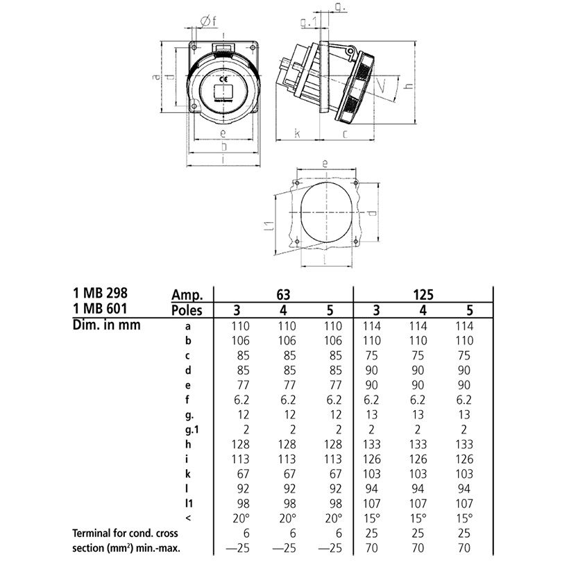 Розетка панельна 125A 5п 6г 400В, IP67 (нахил 15°), 125 A, 5, 400 В, 6г